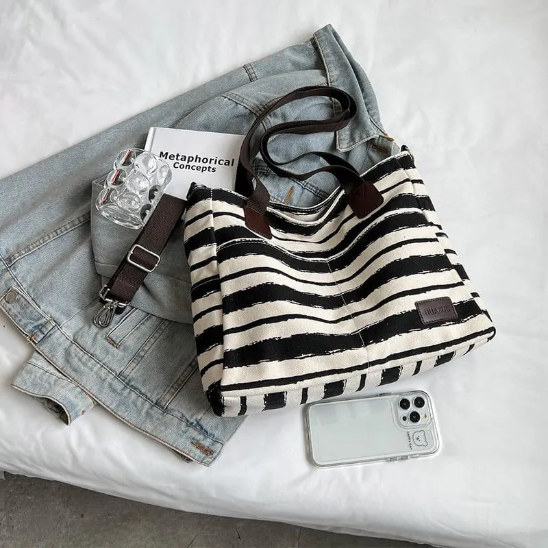 Crossbody Bags for Women Canvas Purses Large Capacity Shoulder Handbags Striped Travel Bag Shopping Tote Bag for Women Black