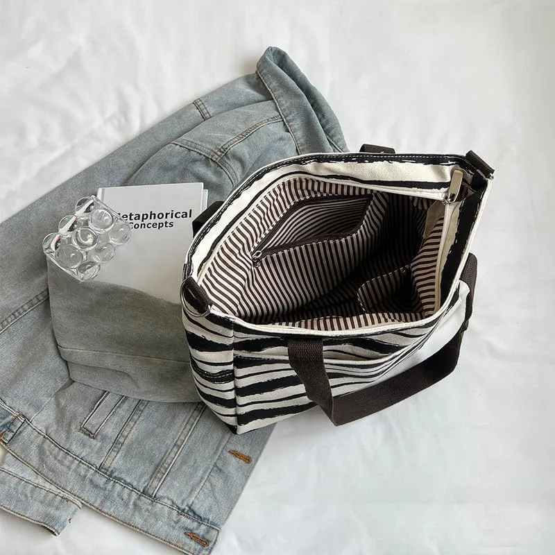 Crossbody Bags for Women Canvas Purses Large Capacity Shoulder Handbags Striped Travel Bag Shopping Tote Bag for Women Black