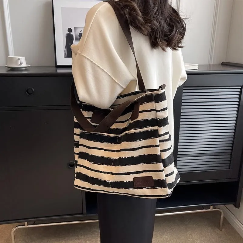 Crossbody Bags for Women Canvas Purses Large Capacity Shoulder Handbags Striped Travel Bag Shopping Tote Bag for Women Black