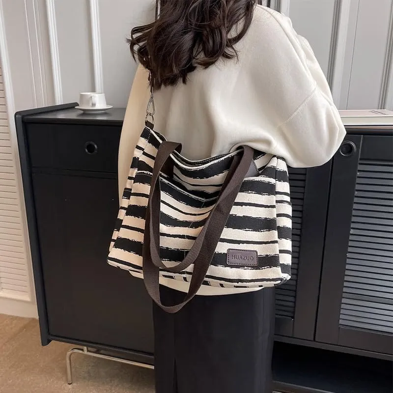 Crossbody Bags for Women Canvas Purses Large Capacity Shoulder Handbags Striped Travel Bag Shopping Tote Bag for Women Black