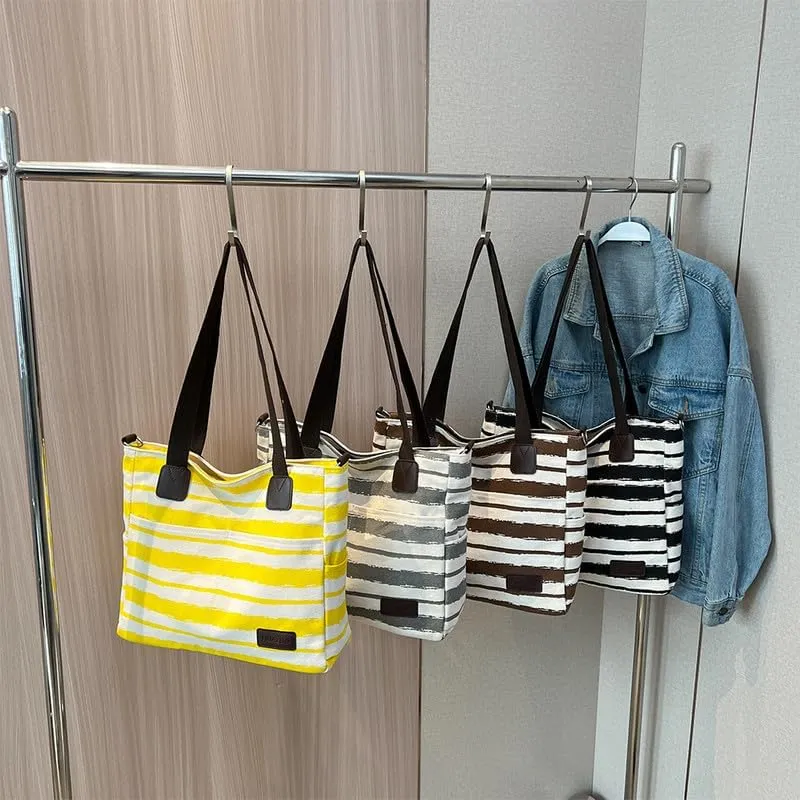 Crossbody Bags for Women Canvas Purses Large Capacity Shoulder Handbags Striped Travel Bag Shopping Tote Bag for Women Black