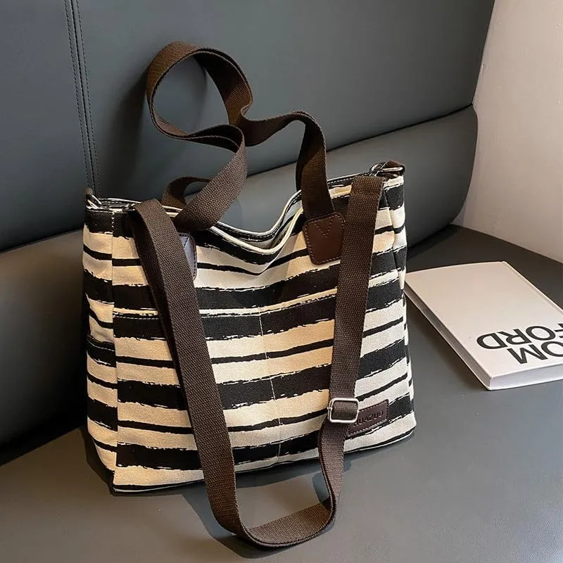 Crossbody Bags for Women Canvas Purses Large Capacity Shoulder Handbags Striped Travel Bag Shopping Tote Bag for Women Black