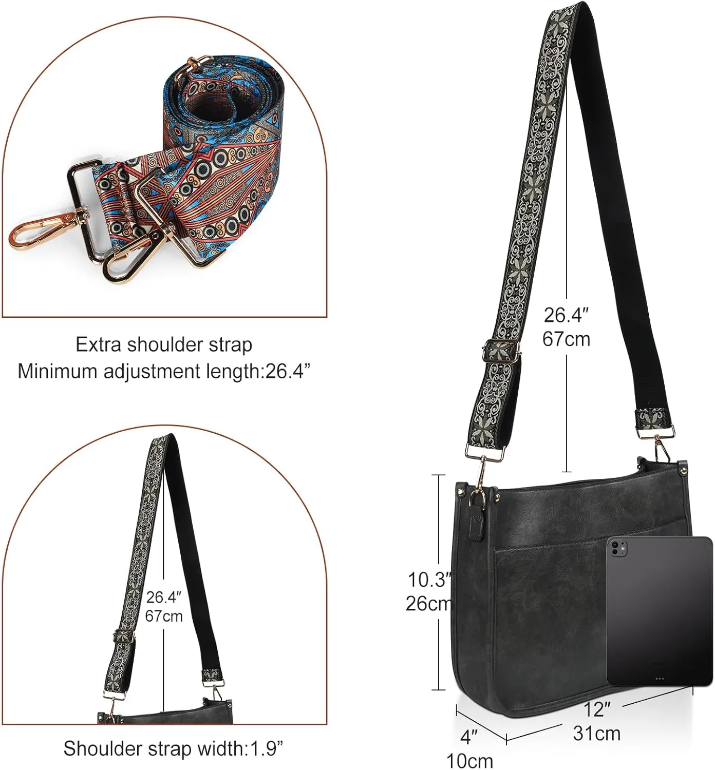 Crossbody Bags for Women Leather Hobo Handbags with 2pcs Adjustable Guitar Strap
