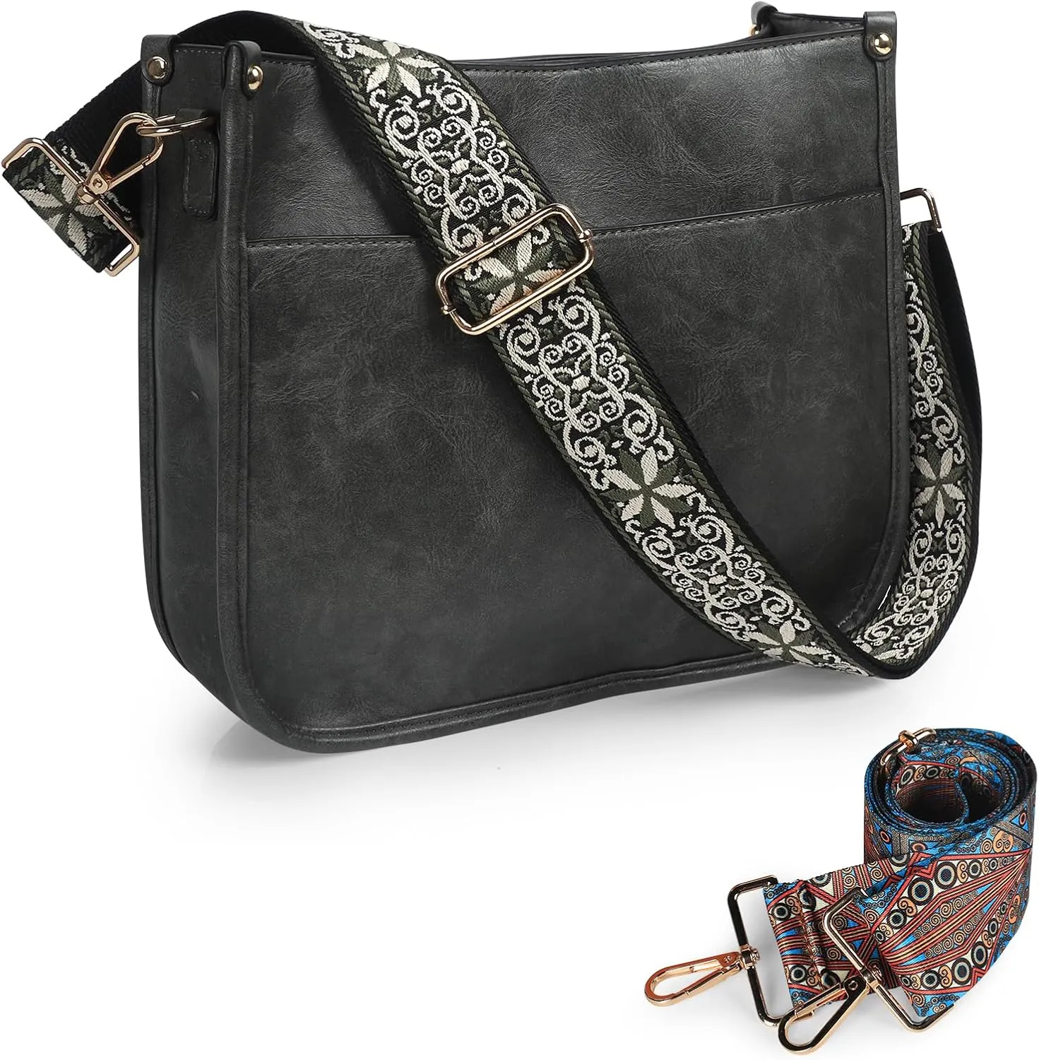 Crossbody Bags for Women Leather Hobo Handbags with 2pcs Adjustable Guitar Strap