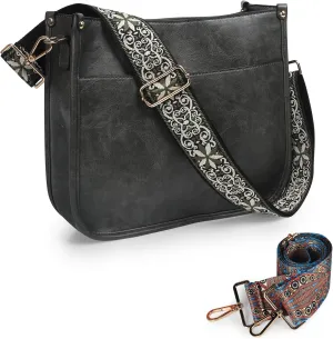 Crossbody Bags for Women Leather Hobo Handbags with 2pcs Adjustable Guitar Strap