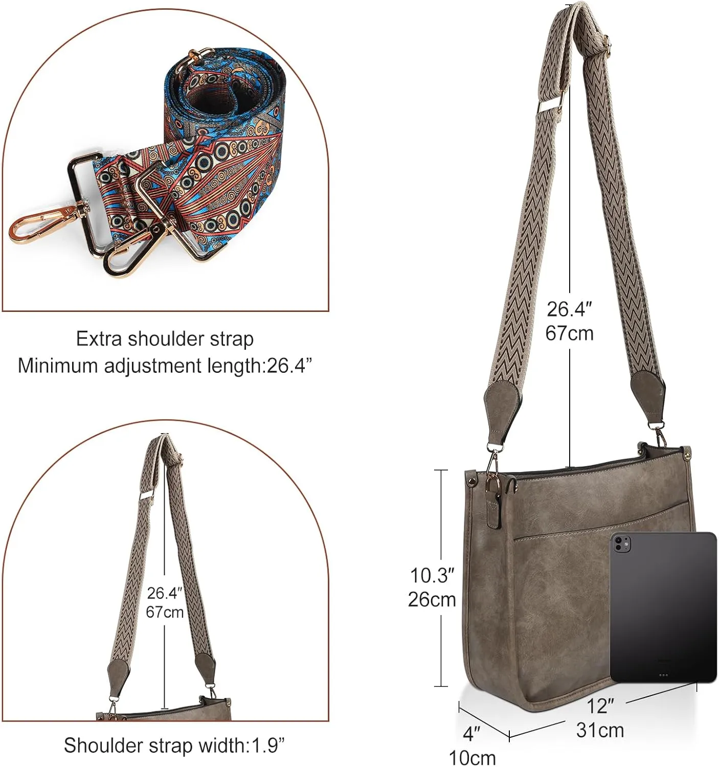Crossbody Bags for Women Leather Hobo Handbags with 2pcs Adjustable Guitar Strap
