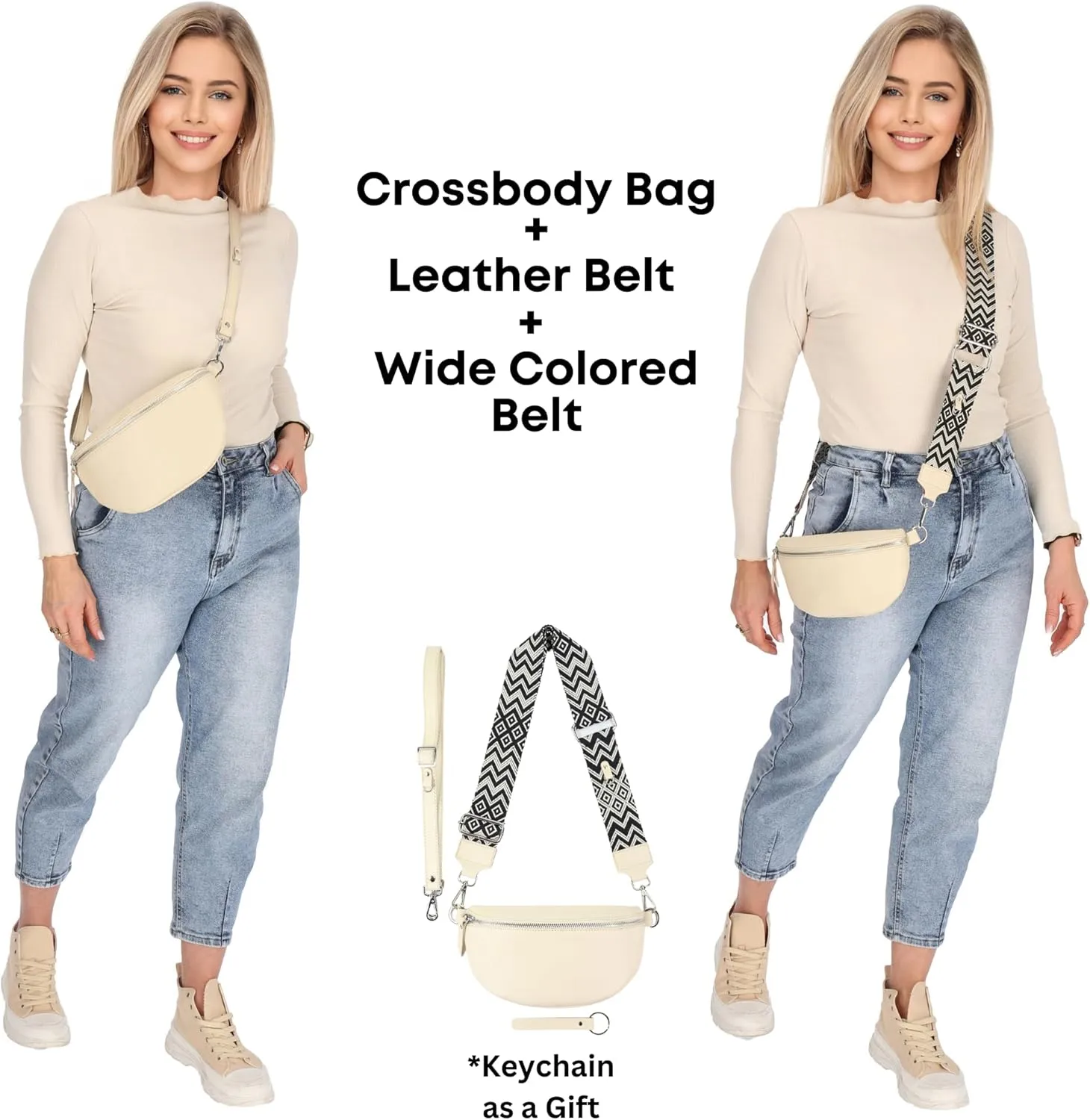 Crossbody Bags for Women Trendy, Genuine Leather Small Sling Bag, Fanny Packs with 2 Detachable Straps - Wide and Leather