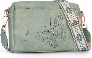 Crossbody Bags for Women, Vegan Leather Small Crossbody Purses Butterfly Shoulder Handbags with Wide Strap