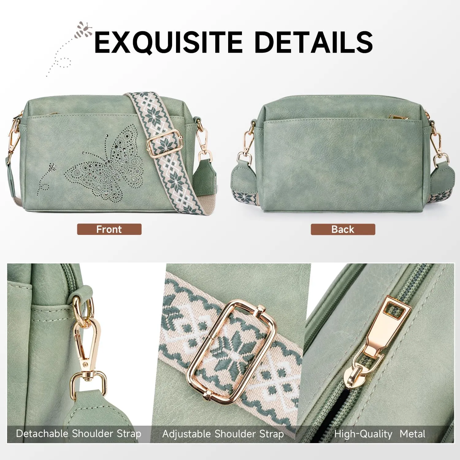 Crossbody Bags for Women, Vegan Leather Small Crossbody Purses Butterfly Shoulder Handbags with Wide Strap
