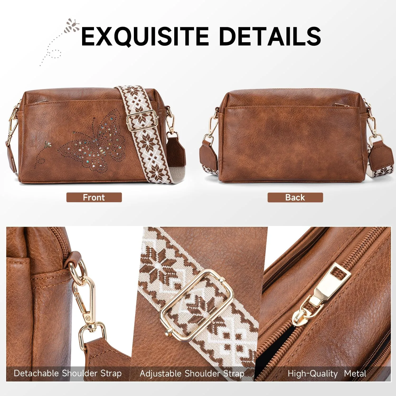 Crossbody Bags for Women, Vegan Leather Small Crossbody Purses Butterfly Shoulder Handbags with Wide Strap