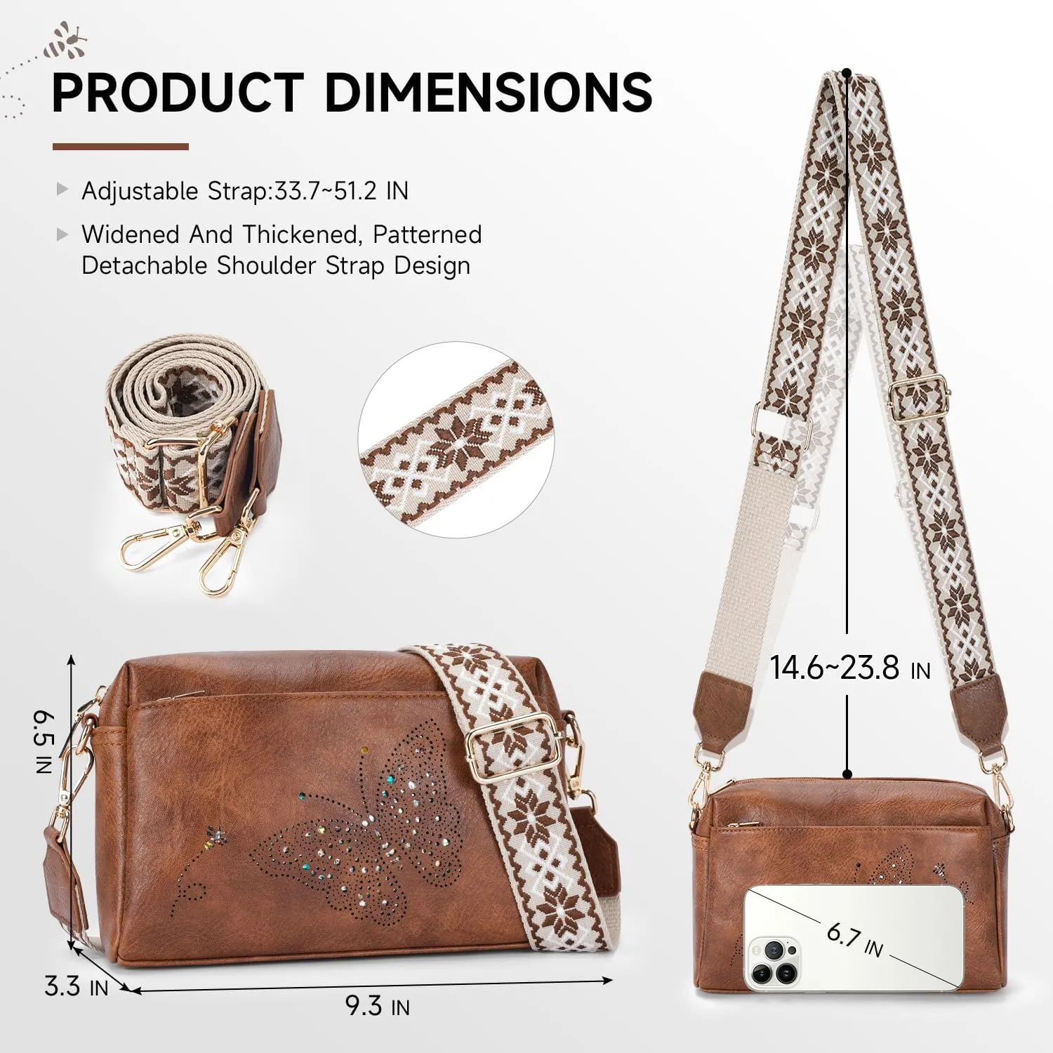 Crossbody Bags for Women, Vegan Leather Small Crossbody Purses Butterfly Shoulder Handbags with Wide Strap