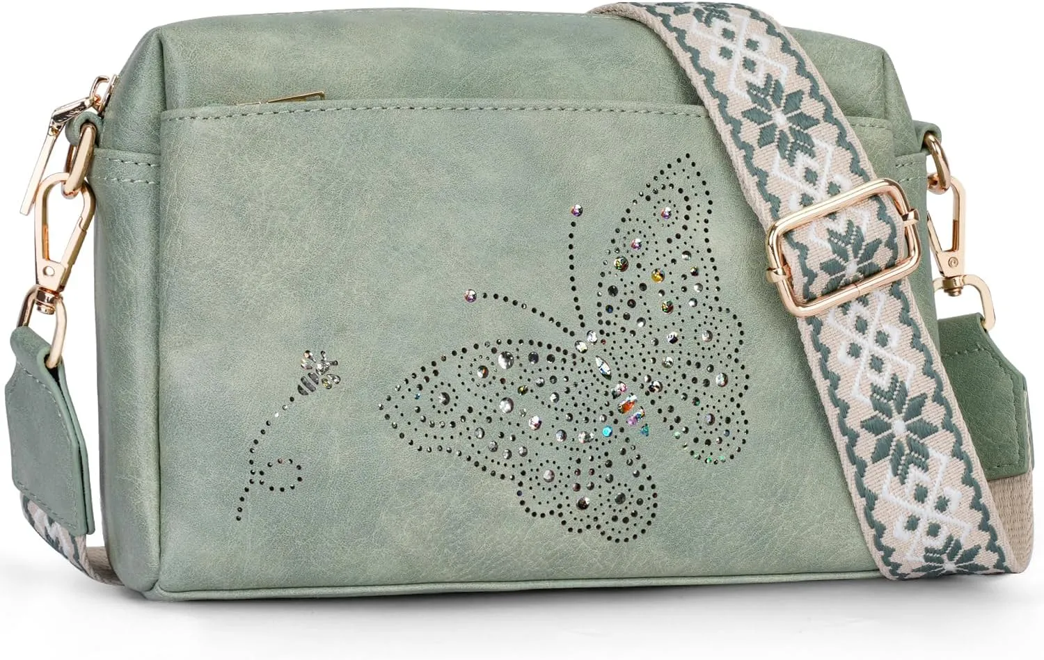 Crossbody Bags for Women, Vegan Leather Small Crossbody Purses Butterfly Shoulder Handbags with Wide Strap