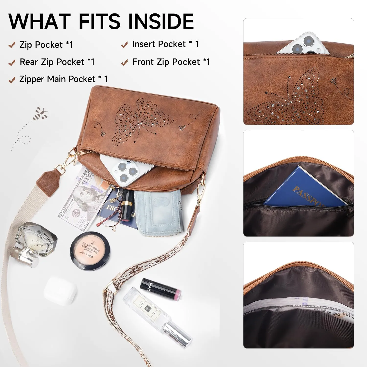 Crossbody Bags for Women, Vegan Leather Small Crossbody Purses Butterfly Shoulder Handbags with Wide Strap