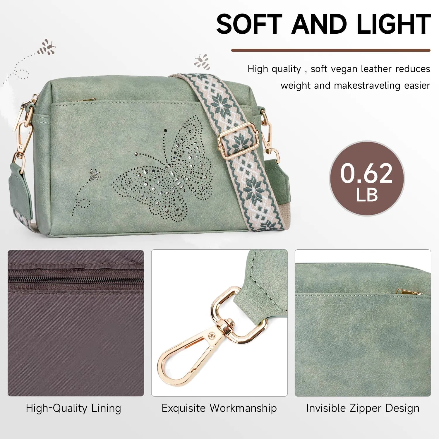 Crossbody Bags for Women, Vegan Leather Small Crossbody Purses Butterfly Shoulder Handbags with Wide Strap