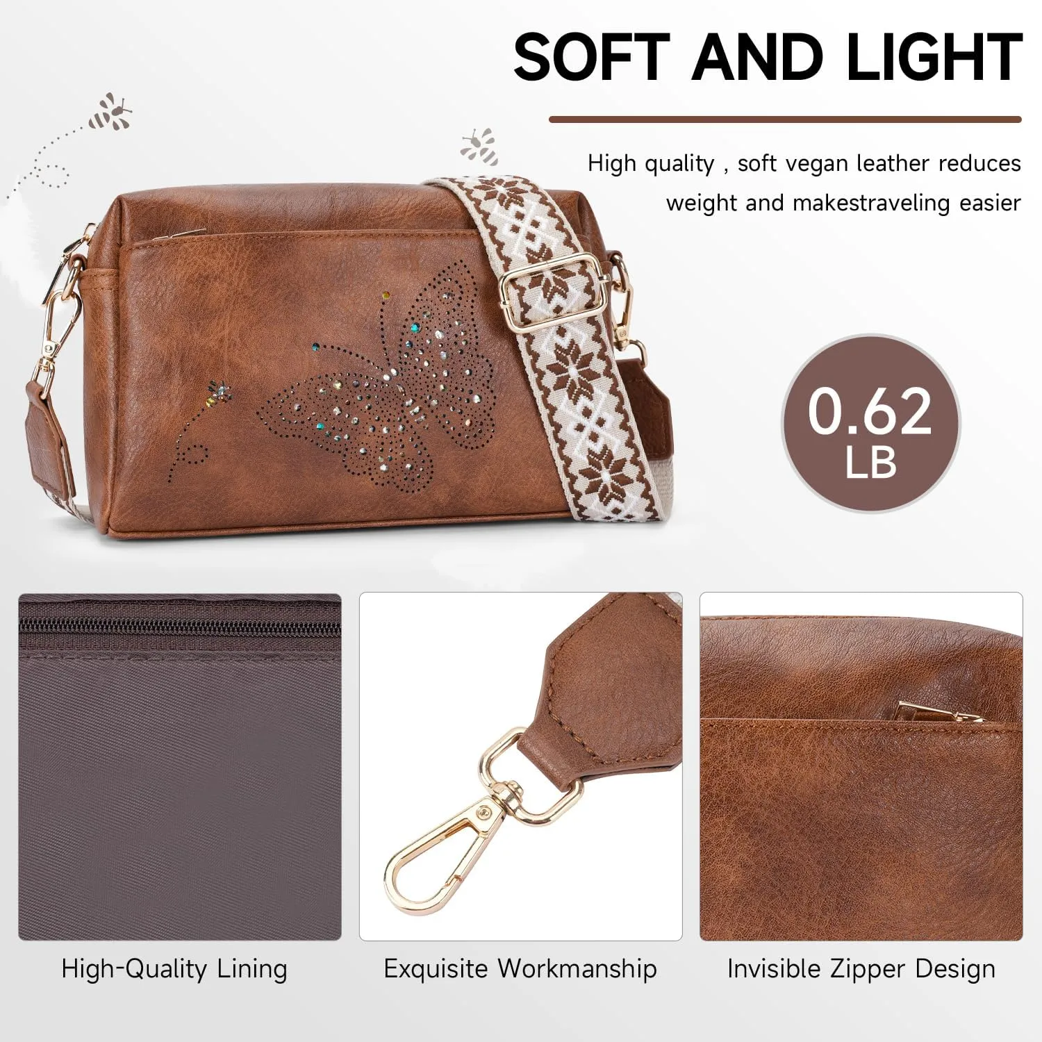 Crossbody Bags for Women, Vegan Leather Small Crossbody Purses Butterfly Shoulder Handbags with Wide Strap