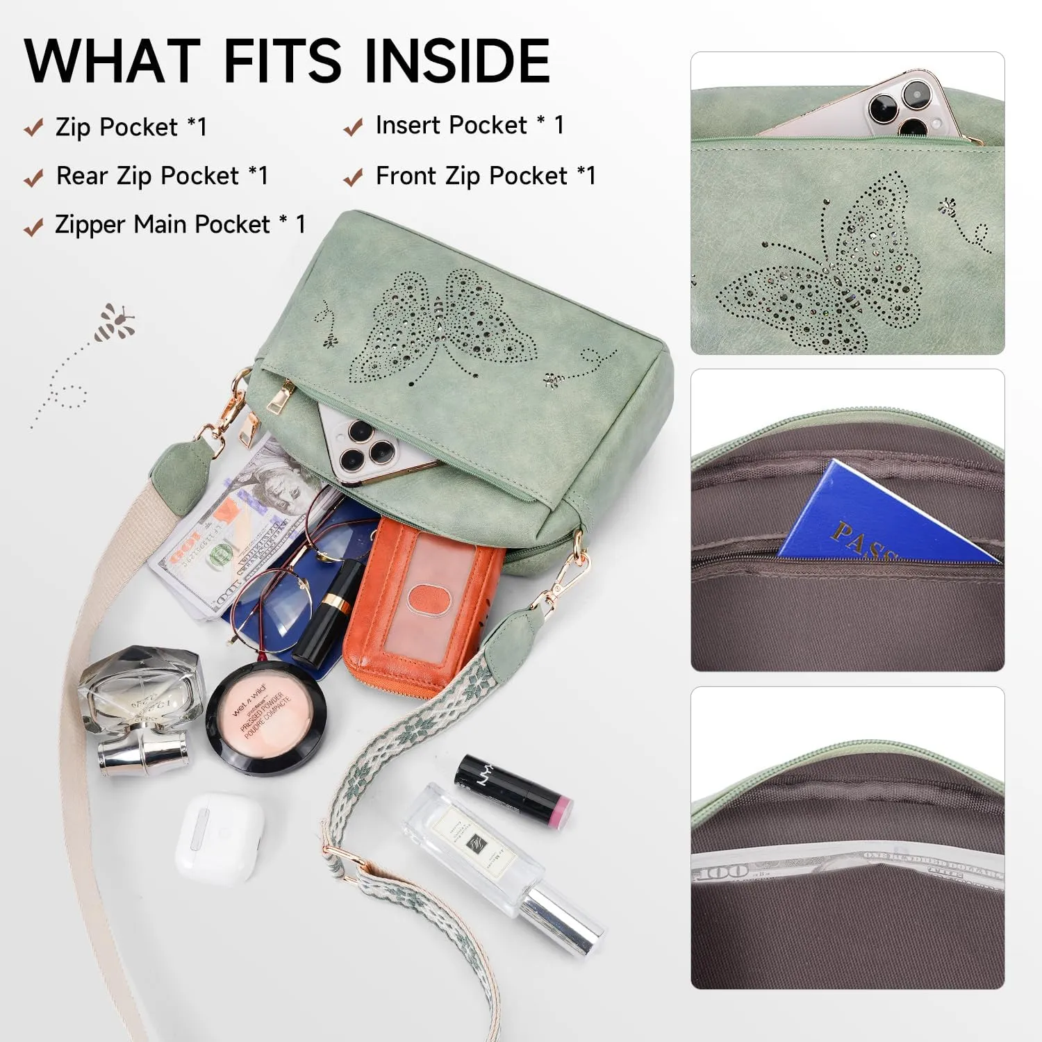 Crossbody Bags for Women, Vegan Leather Small Crossbody Purses Butterfly Shoulder Handbags with Wide Strap