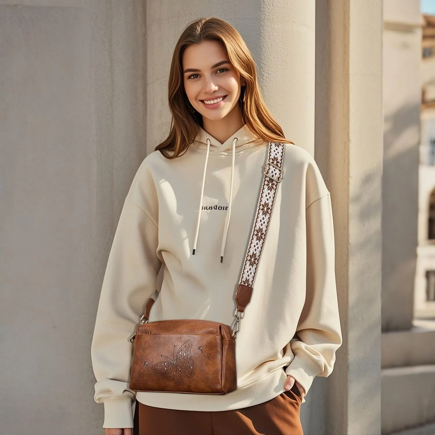 Crossbody Bags for Women, Vegan Leather Small Crossbody Purses Butterfly Shoulder Handbags with Wide Strap