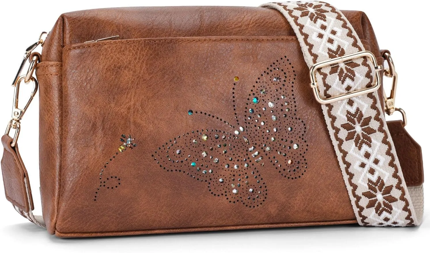 Crossbody Bags for Women, Vegan Leather Small Crossbody Purses Butterfly Shoulder Handbags with Wide Strap