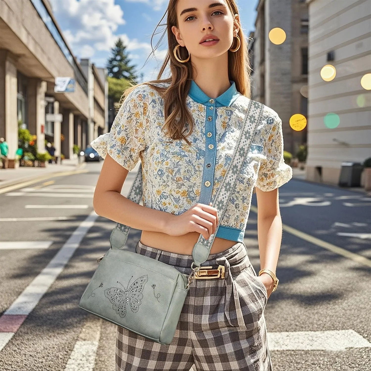Crossbody Bags for Women, Vegan Leather Small Crossbody Purses Butterfly Shoulder Handbags with Wide Strap