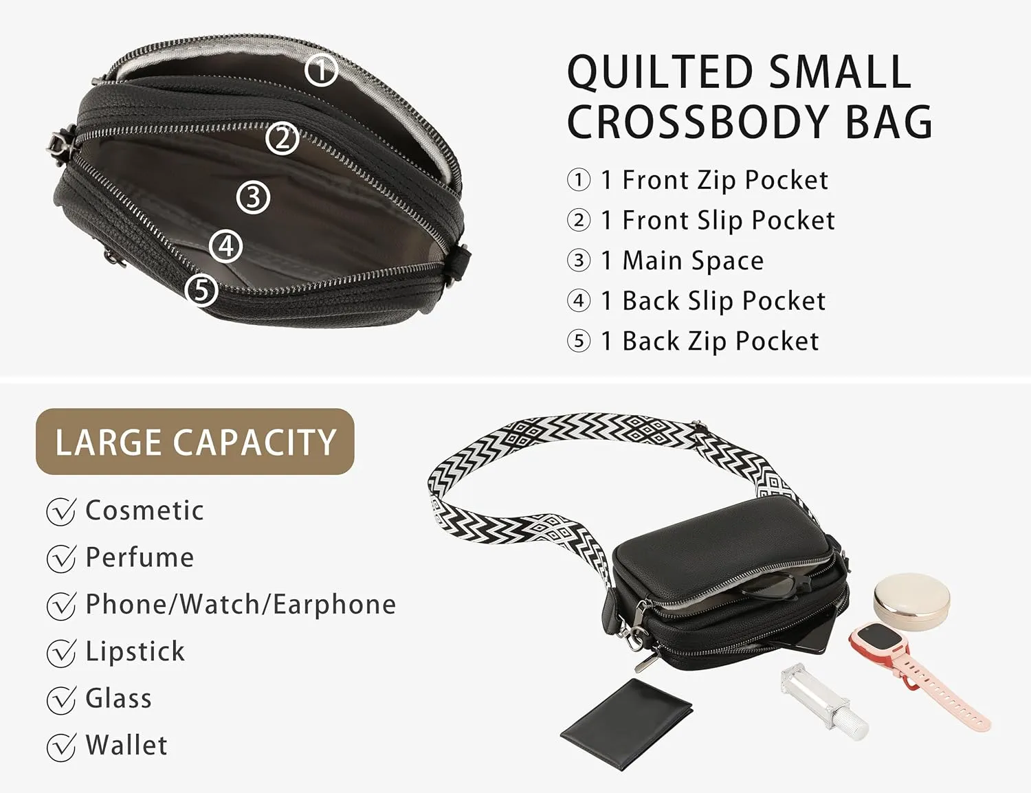 Crossbody Purse for Women with Adjustable Wide Guitar Strap, Small Vegan Leather Cross Body Camera Shoulder Bags