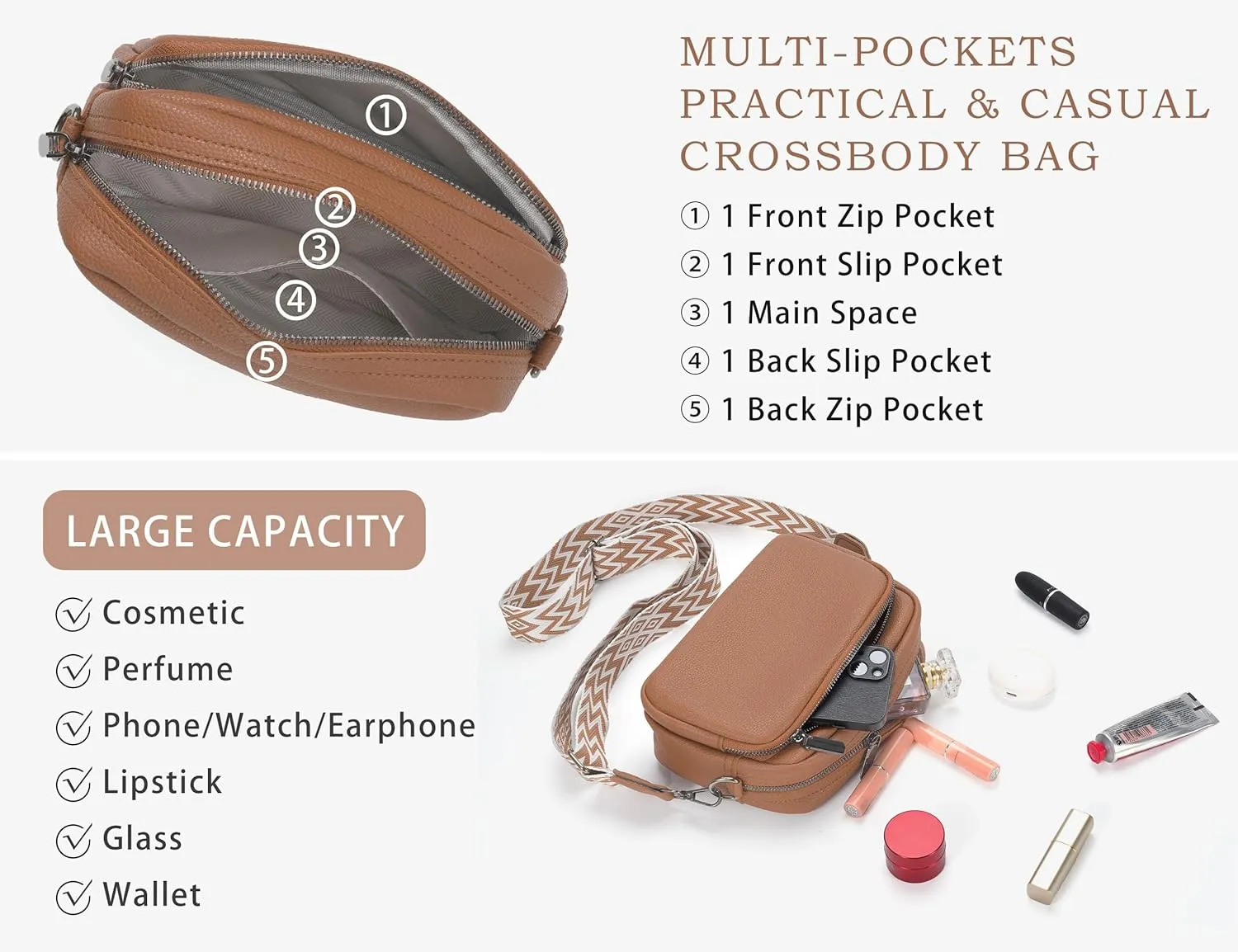 Crossbody Purse for Women with Adjustable Wide Guitar Strap, Small Vegan Leather Cross Body Camera Shoulder Bags