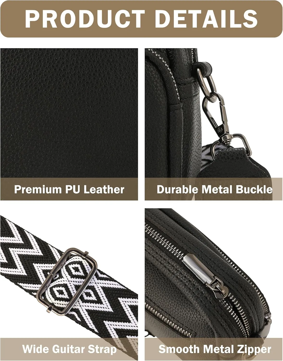 Crossbody Purse for Women with Adjustable Wide Guitar Strap, Small Vegan Leather Cross Body Camera Shoulder Bags