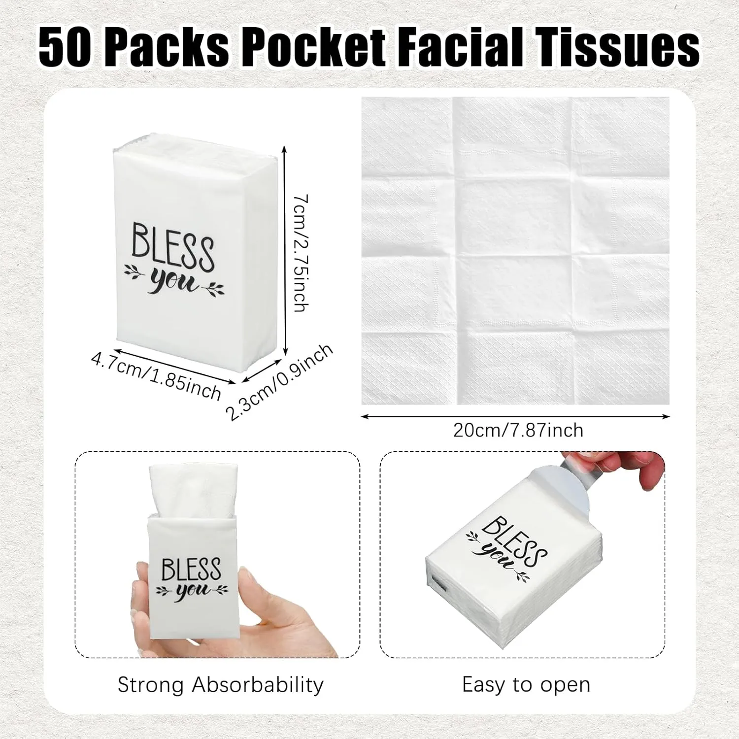 Ctosree 50 Pack Church Pocket Tissues Travel Packs Bulk 500 Sheet Small Tissues Pocket Packs Party Favors 3 Ply Mini Travel Size Individual for Christian