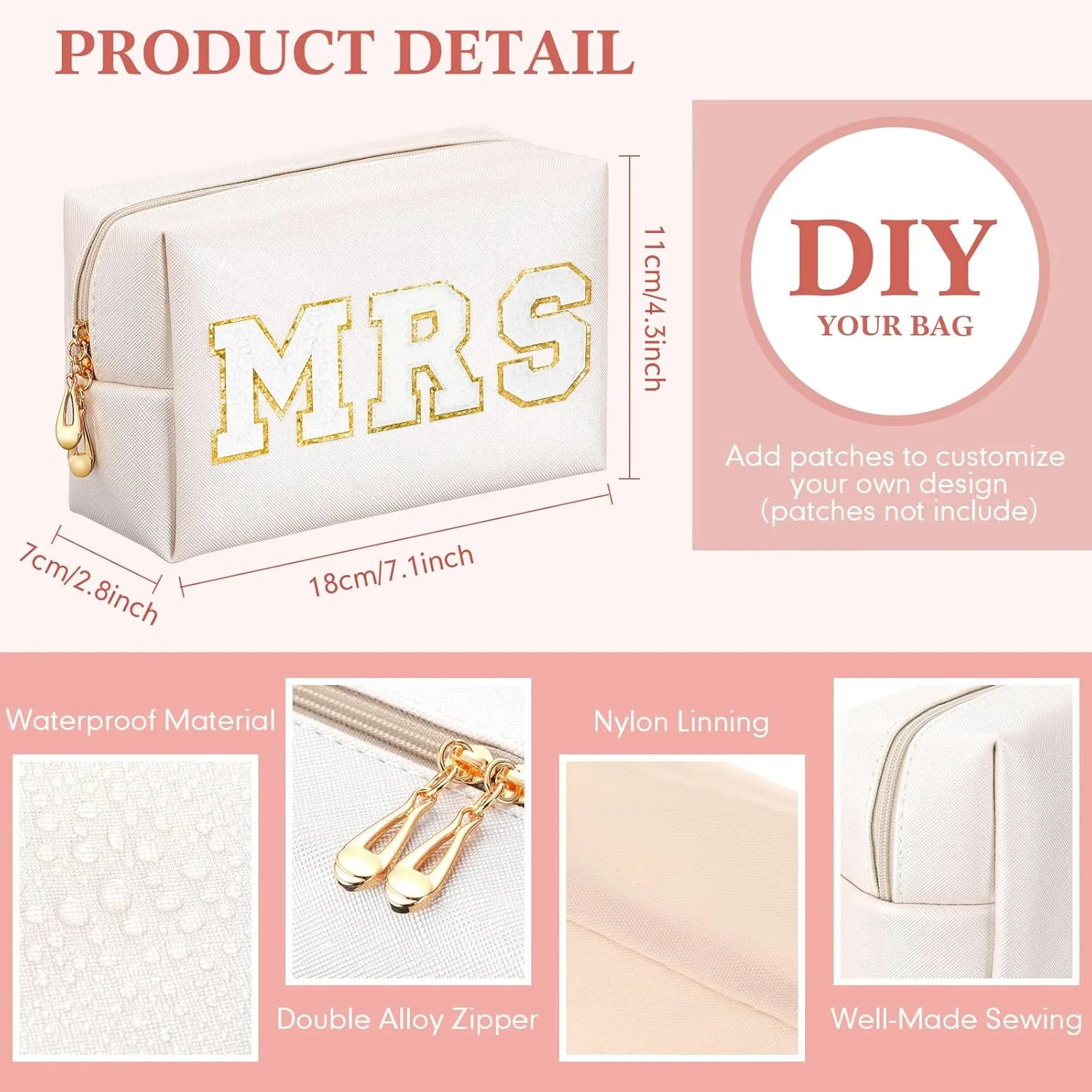 Cunno 50 Pcs Makeup Bag Bulk PU Leather DIY Cosmetic Plain Preppy Makeup Pouch Portable Waterproof Toiletry Bags for Women Travel Pencil Case Cosmetic Organizer, Ivory White