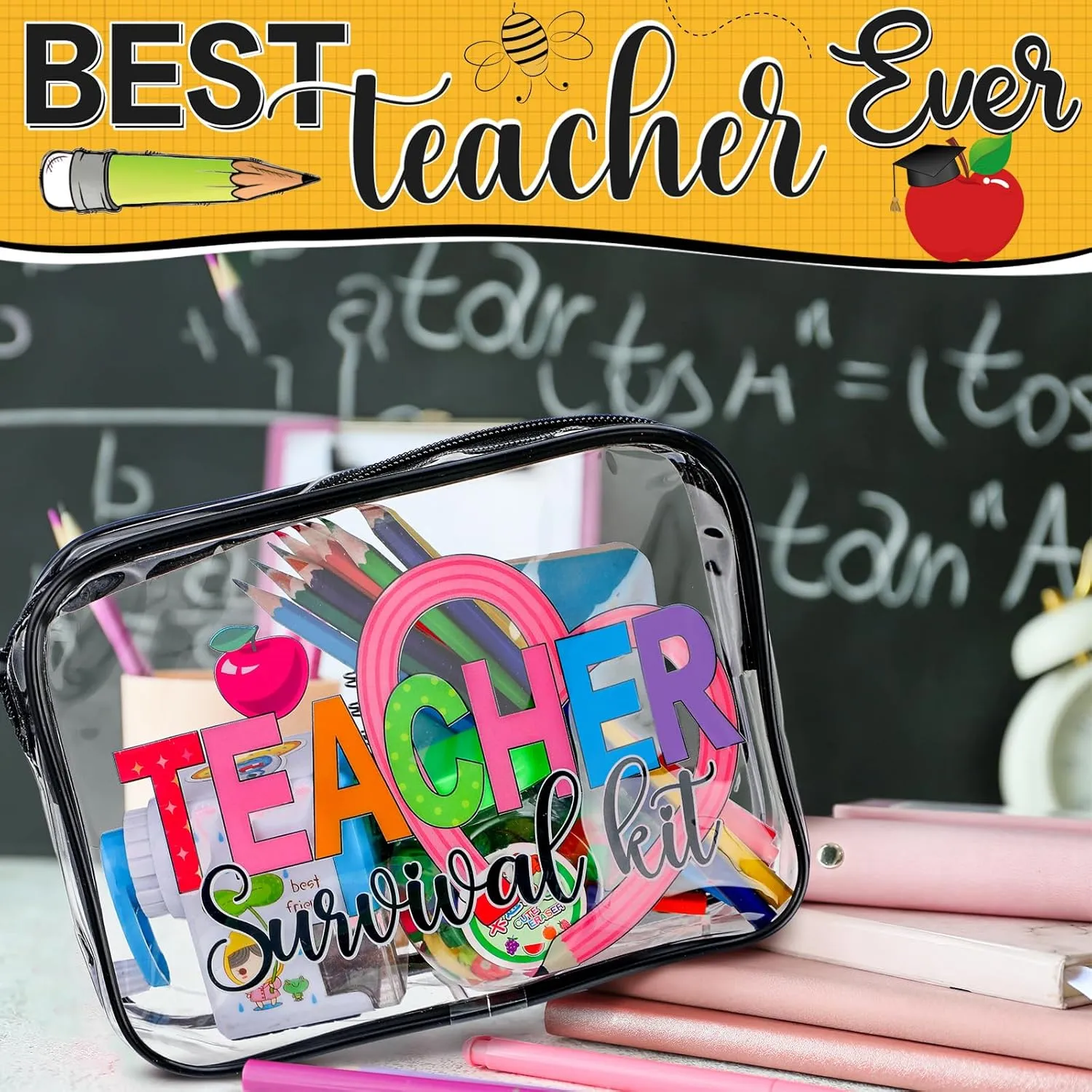 Cunno Clear Makeup Bags Survival Kit Cosmetic Bags for Beach Cruise Swim Nurse Teacher Dance Cheer Gift Summer PVC Waterproof Travel Toiletry Handbags Purses Organizer (Teacher)