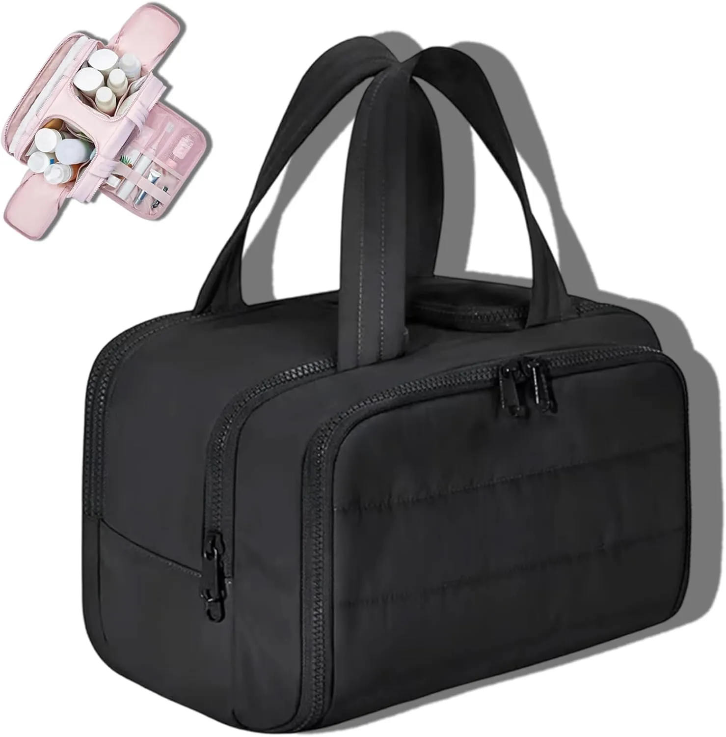 Curetoawayz Travel Cosmetic Bag, Large Capacity Wide-Open Travel Cosmetic Bag, With 4 Compartments, Waterproof/Portable/Wet and Dry Separation (Black)