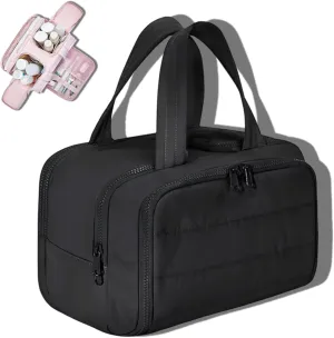 Curetoawayz Travel Cosmetic Bag, Large Capacity Wide-Open Travel Cosmetic Bag, With 4 Compartments, Waterproof/Portable/Wet and Dry Separation (Black)