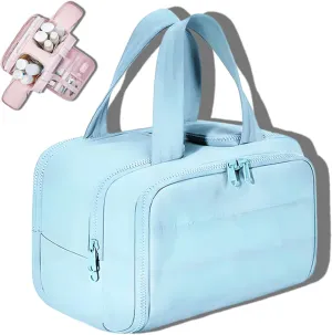 Curetoawayz Travel Cosmetic Bag, Large Capacity Wide-Open Travel Cosmetic Bag, With 4 Compartments, Waterproof/Portable/Wet and Dry Separation (Blue)