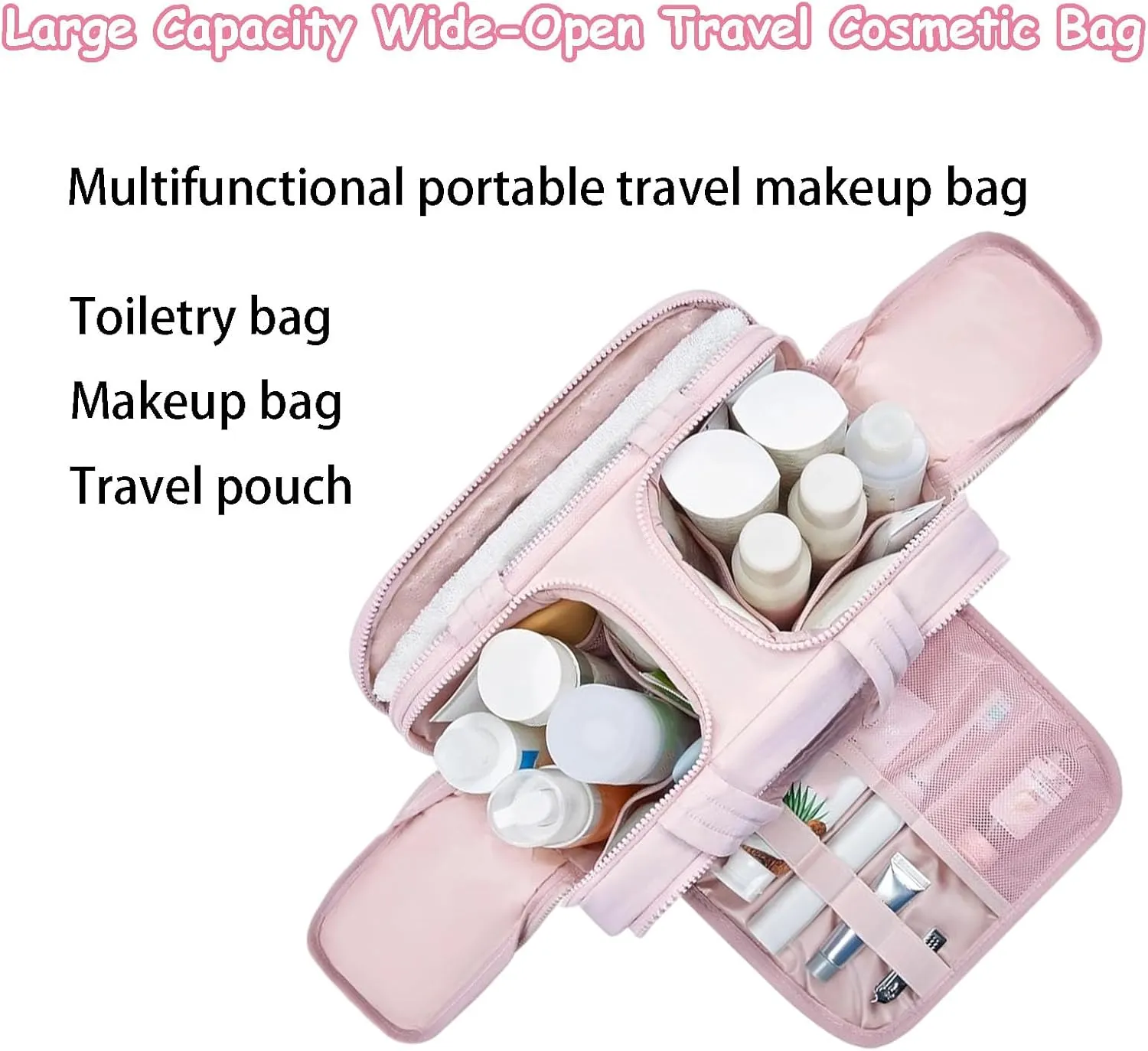 Curetoawayz Travel Cosmetic Bag, Large Capacity Wide-Open Travel Cosmetic Bag, With 4 Compartments, Waterproof/Portable/Wet and Dry Separation (Blue)
