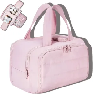 Curetoawayz Travel Cosmetic Bag, Large Capacity Wide-Open Travel Cosmetic Bag, With 4 Compartments, Waterproof/Portable/Wet and Dry Separation (Pink)