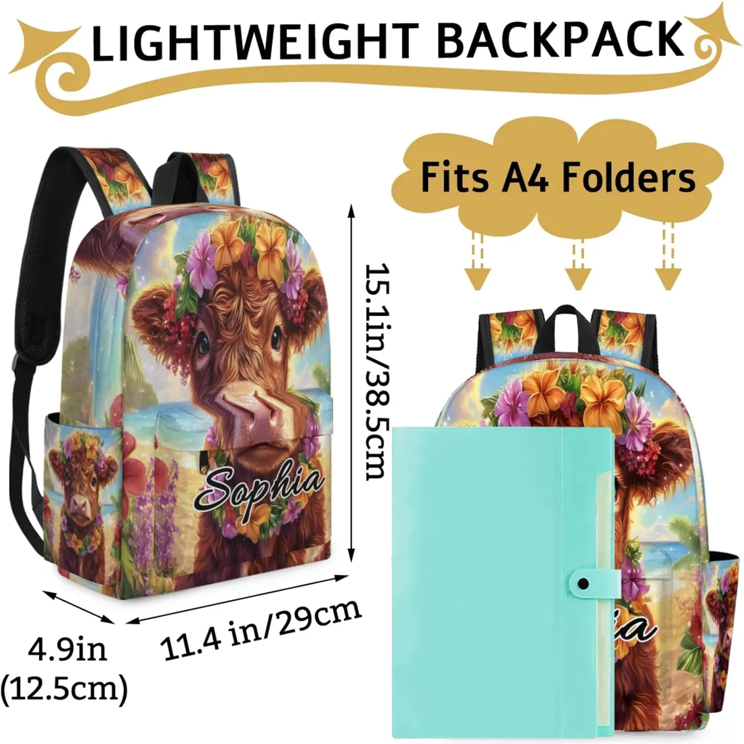 Custom Backpack Bags with Name, Tropical Highland Cow Personalized Shoulder Bag, Waterproof Large Capacity Casual Daypack