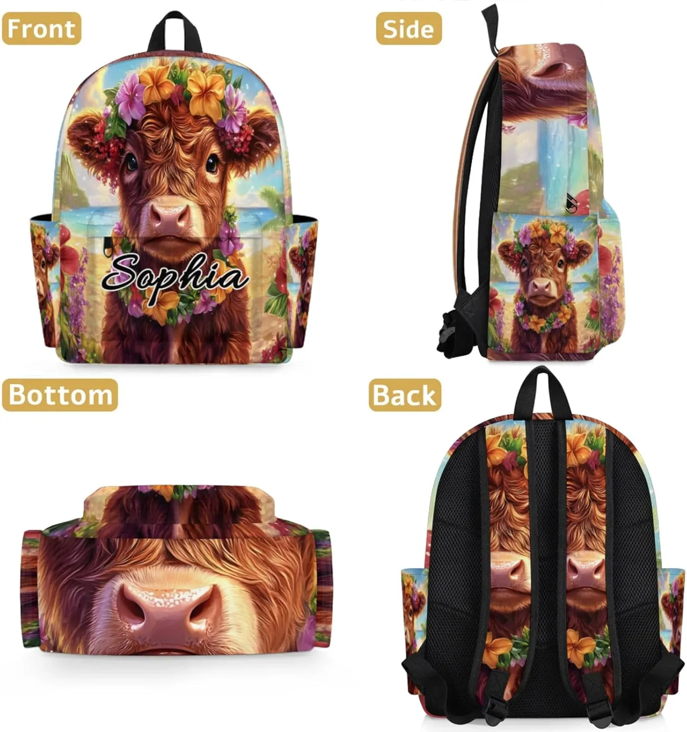 Custom Backpack Bags with Name, Tropical Highland Cow Personalized Shoulder Bag, Waterproof Large Capacity Casual Daypack