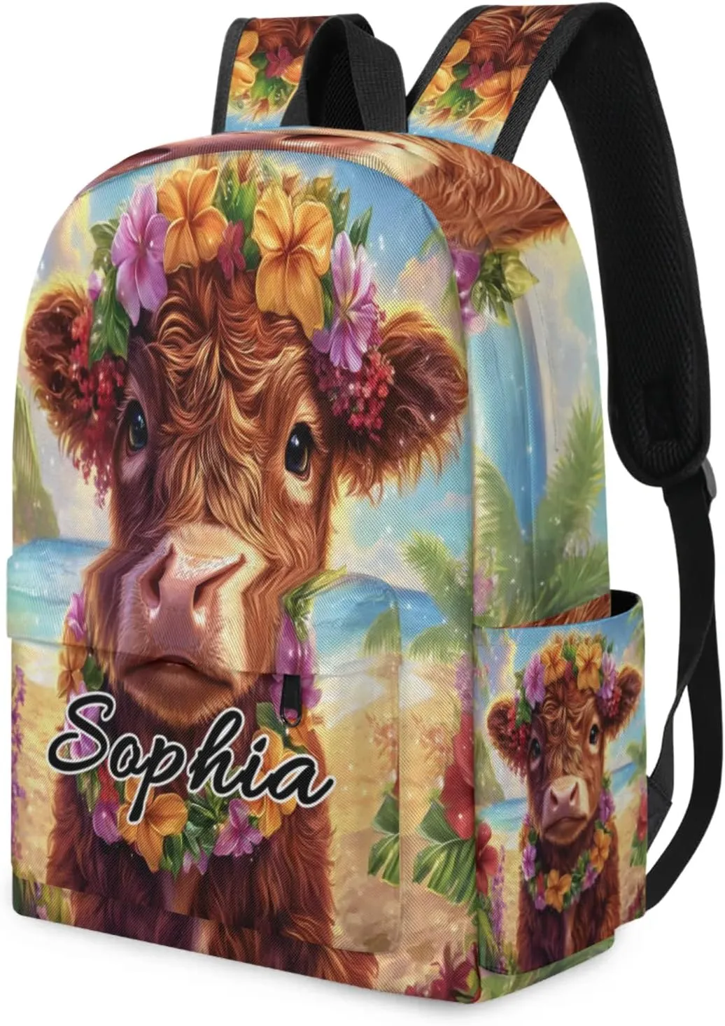 Custom Backpack Bags with Name, Tropical Highland Cow Personalized Shoulder Bag, Waterproof Large Capacity Casual Daypack