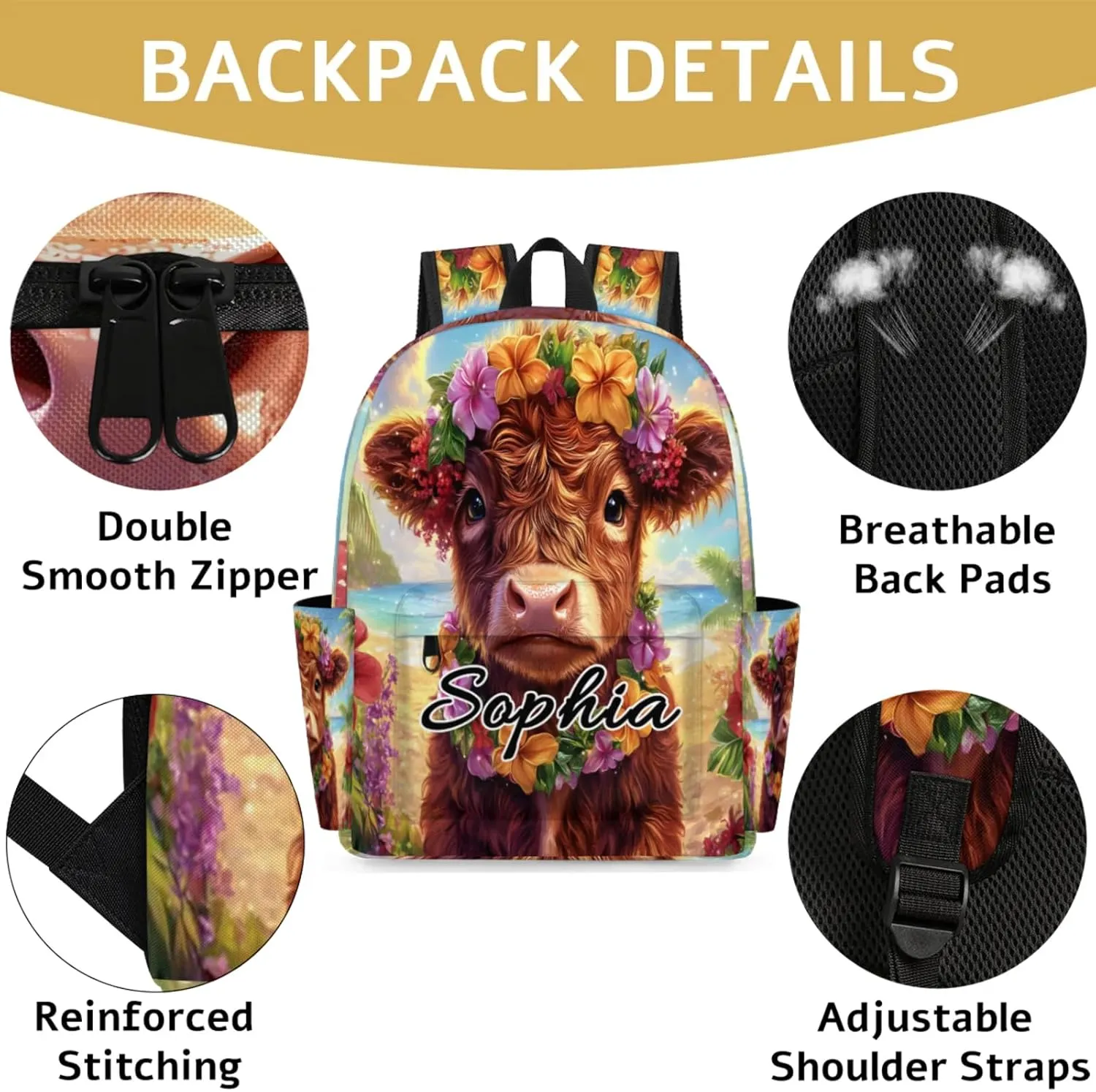 Custom Backpack Bags with Name, Tropical Highland Cow Personalized Shoulder Bag, Waterproof Large Capacity Casual Daypack