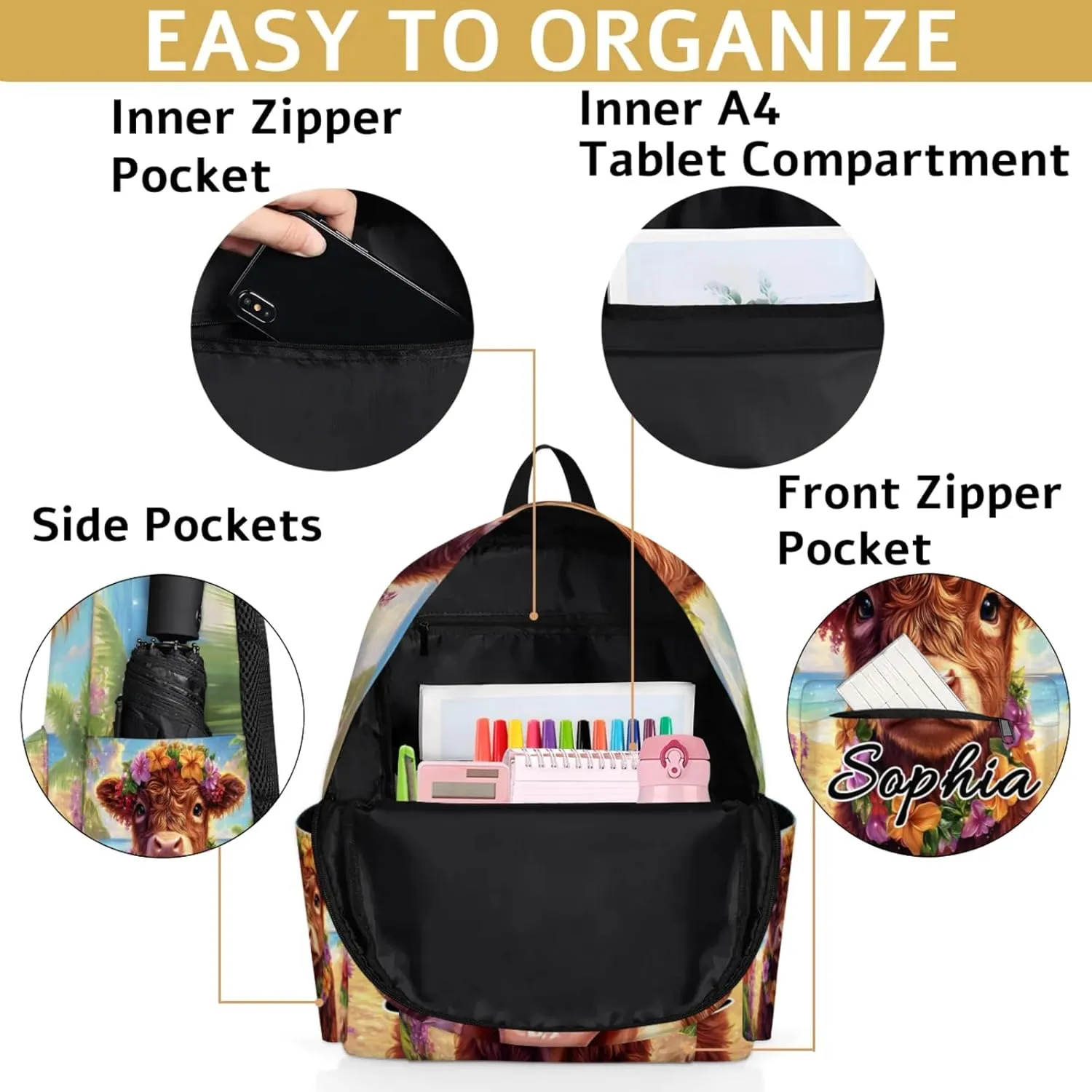 Custom Backpack Bags with Name, Tropical Highland Cow Personalized Shoulder Bag, Waterproof Large Capacity Casual Daypack