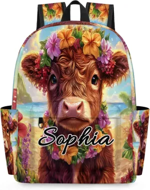 Custom Backpack Bags with Name, Tropical Highland Cow Personalized Shoulder Bag, Waterproof Large Capacity Casual Daypack