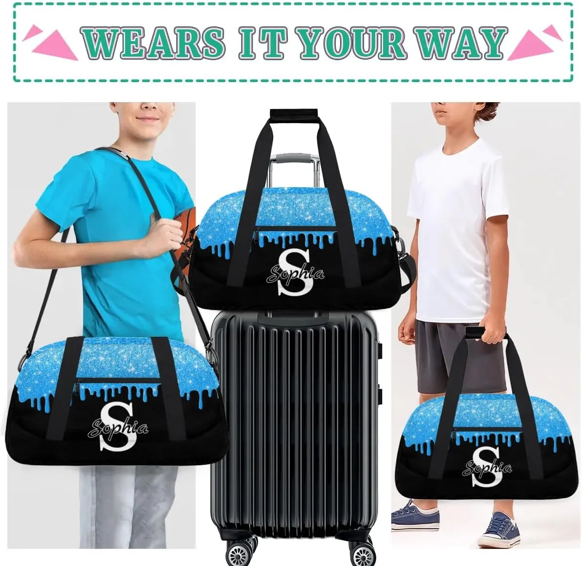 Custom Cheer Bag Dance Gym Bags for Women, Personalized Name Sport Duffel Bag Weekender Bags Travel Duffel Bags Teal Glitter Fluid Personalized Gifts