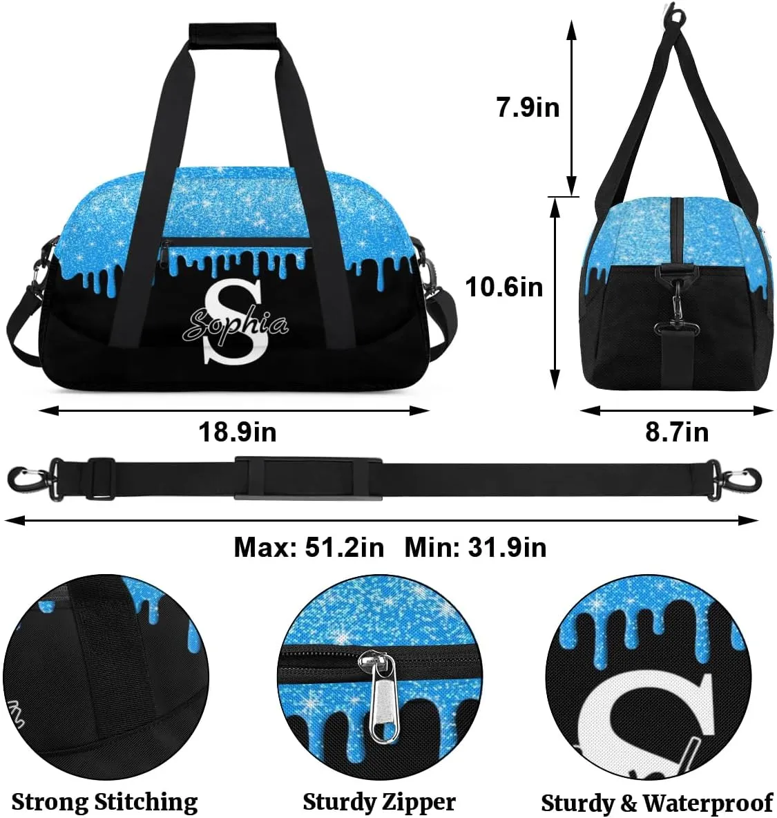 Custom Cheer Bag Dance Gym Bags for Women, Personalized Name Sport Duffel Bag Weekender Bags Travel Duffel Bags Teal Glitter Fluid Personalized Gifts