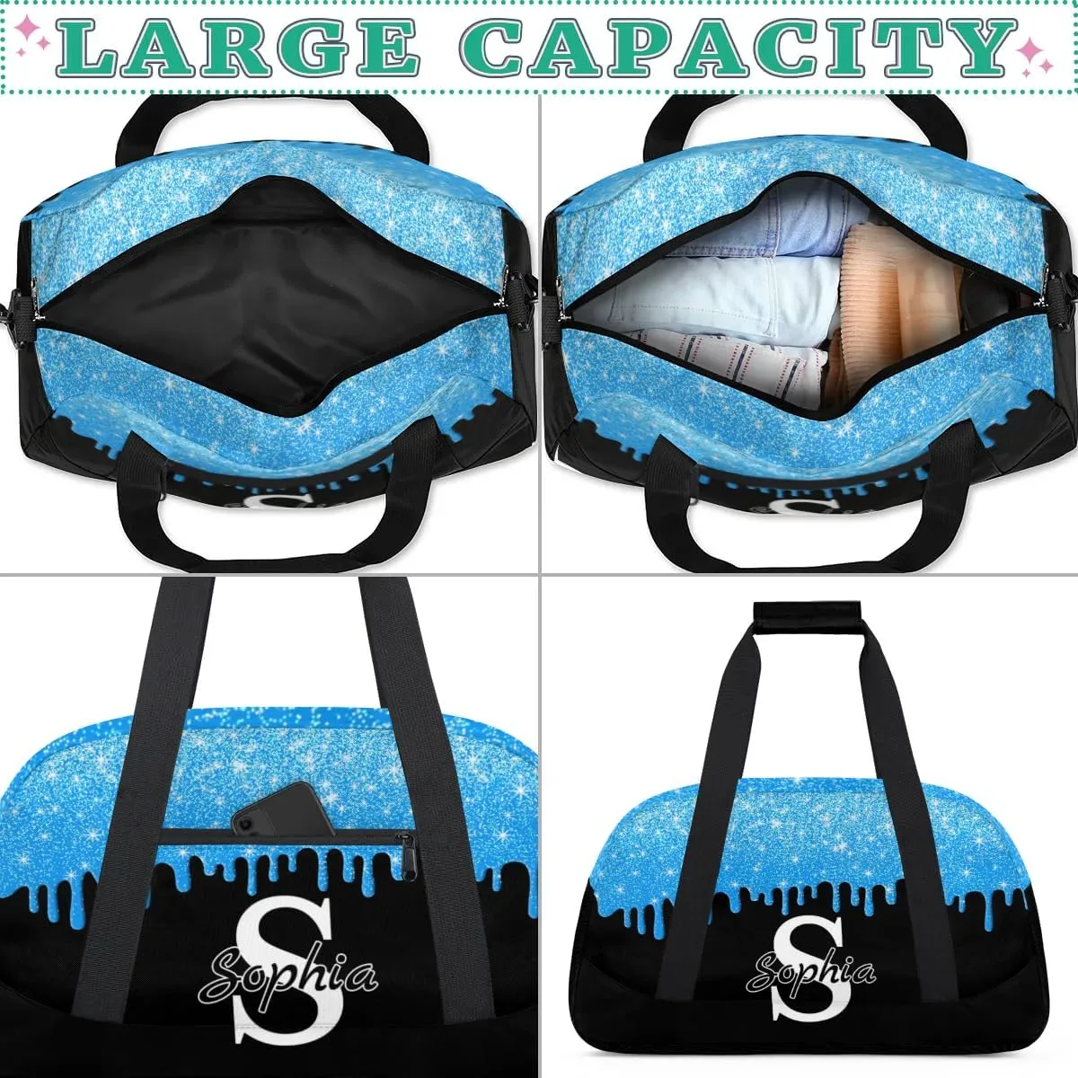 Custom Cheer Bag Dance Gym Bags for Women, Personalized Name Sport Duffel Bag Weekender Bags Travel Duffel Bags Teal Glitter Fluid Personalized Gifts