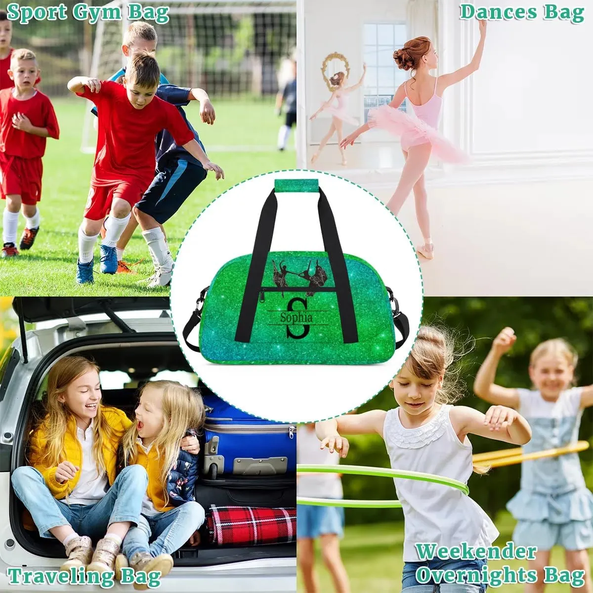 Custom Dance Bag for Sport Duffel Bag, Personalized Gym Customized Travel Duffle Bag with Name, Grass Green Galaxy Glittering Shiny