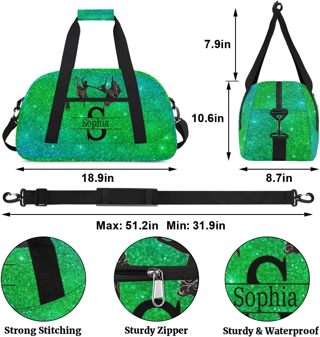 Custom Dance Bag for Sport Duffel Bag, Personalized Gym Customized Travel Duffle Bag with Name, Grass Green Galaxy Glittering Shiny
