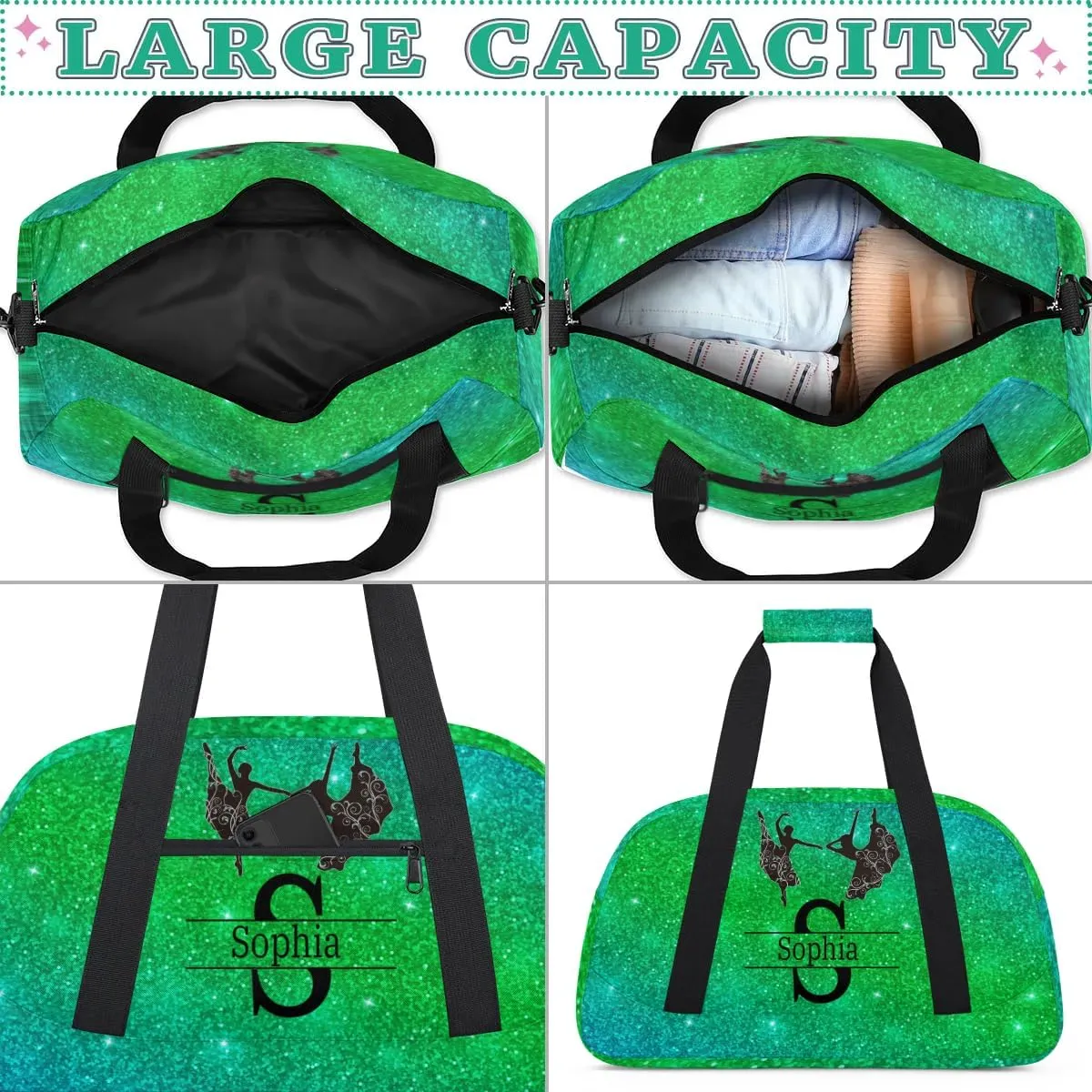 Custom Dance Bag for Sport Duffel Bag, Personalized Gym Customized Travel Duffle Bag with Name, Grass Green Galaxy Glittering Shiny