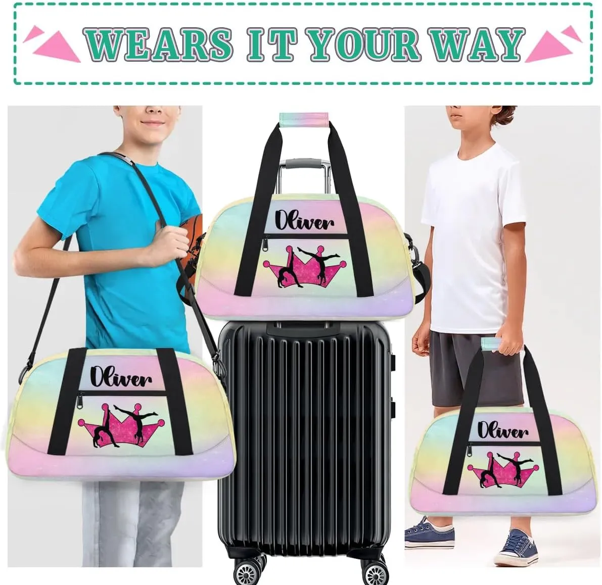 Custom Dance Bag Gymnastics Bag for Girl, Personalized Duffel Bag Sport Gym Bag Carry On Weekender Travel Bag Gift for Girl Hot Pink Crown Gymnastics