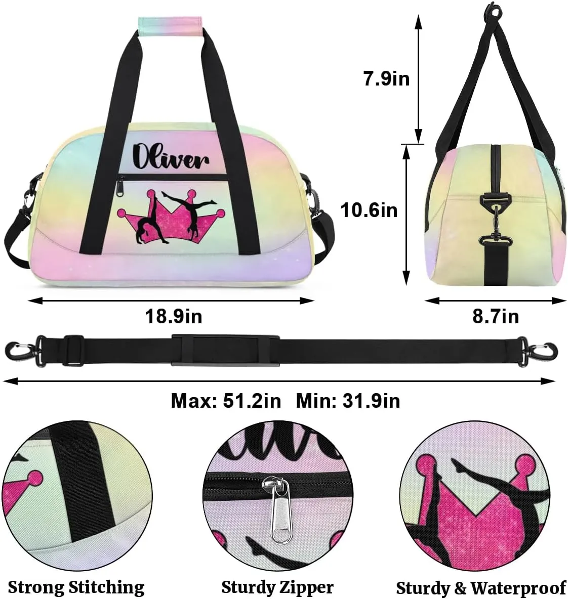 Custom Dance Bag Gymnastics Bag for Girl, Personalized Duffel Bag Sport Gym Bag Carry On Weekender Travel Bag Gift for Girl Hot Pink Crown Gymnastics