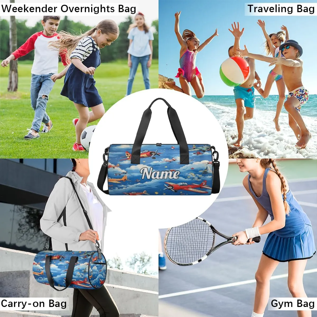 Custom Dance Duffel Bag Sport Backpacks Gyms and Weekend Overnight Travel Duffle Bag Birthday Christmas Halloween Waterproof, Cartoon Jet Plane Airplane