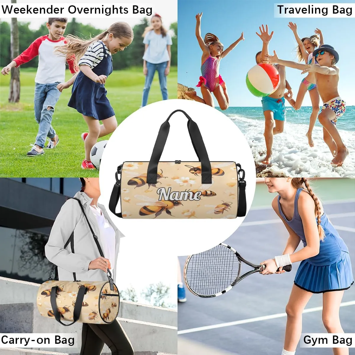 Custom Dance Duffel Bag Sport Backpacks Gyms and Weekend Overnight Travel Duffle Bag Birthday Christmas Halloween Waterproof, Cute Bee Print